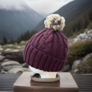 Free People Cable Knit Hat Beanie burgundy Red faux fur hat unisex Pom Pom